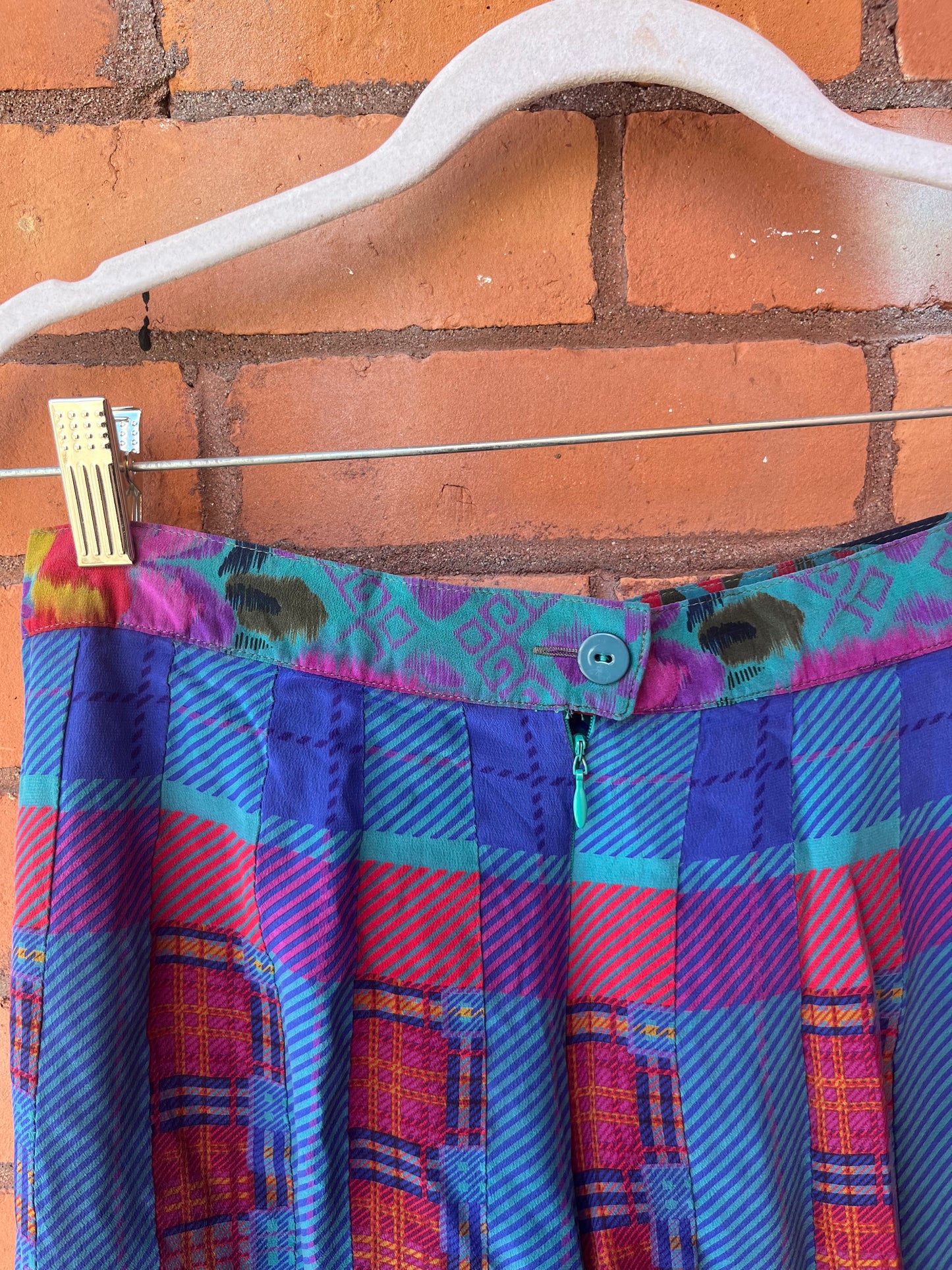 90’s Vintage Playful Plaid Pleated Silk Midi Skirt / 28 Waist