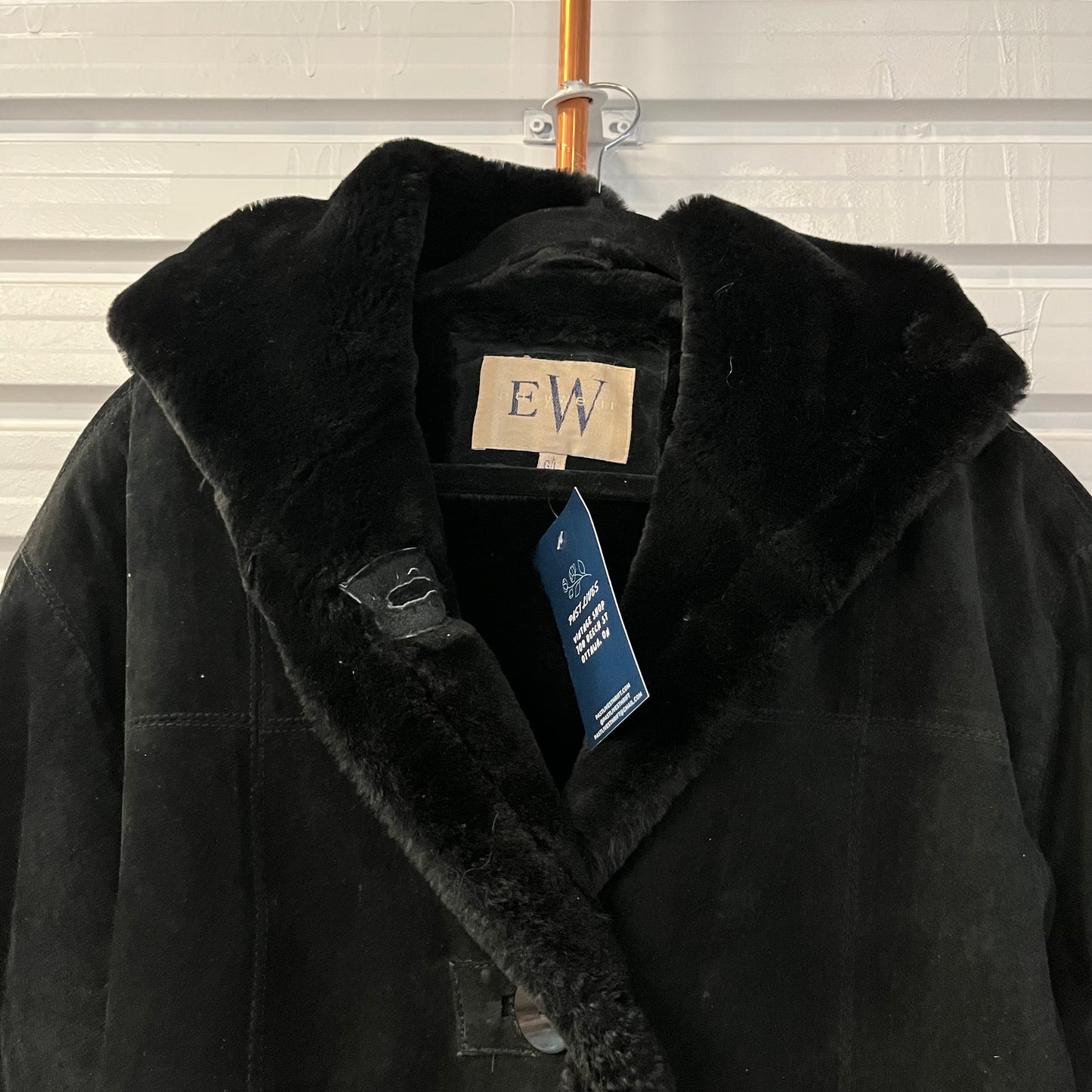90’s Vintage Black Suede Plush Hooded Overcoat / Size L