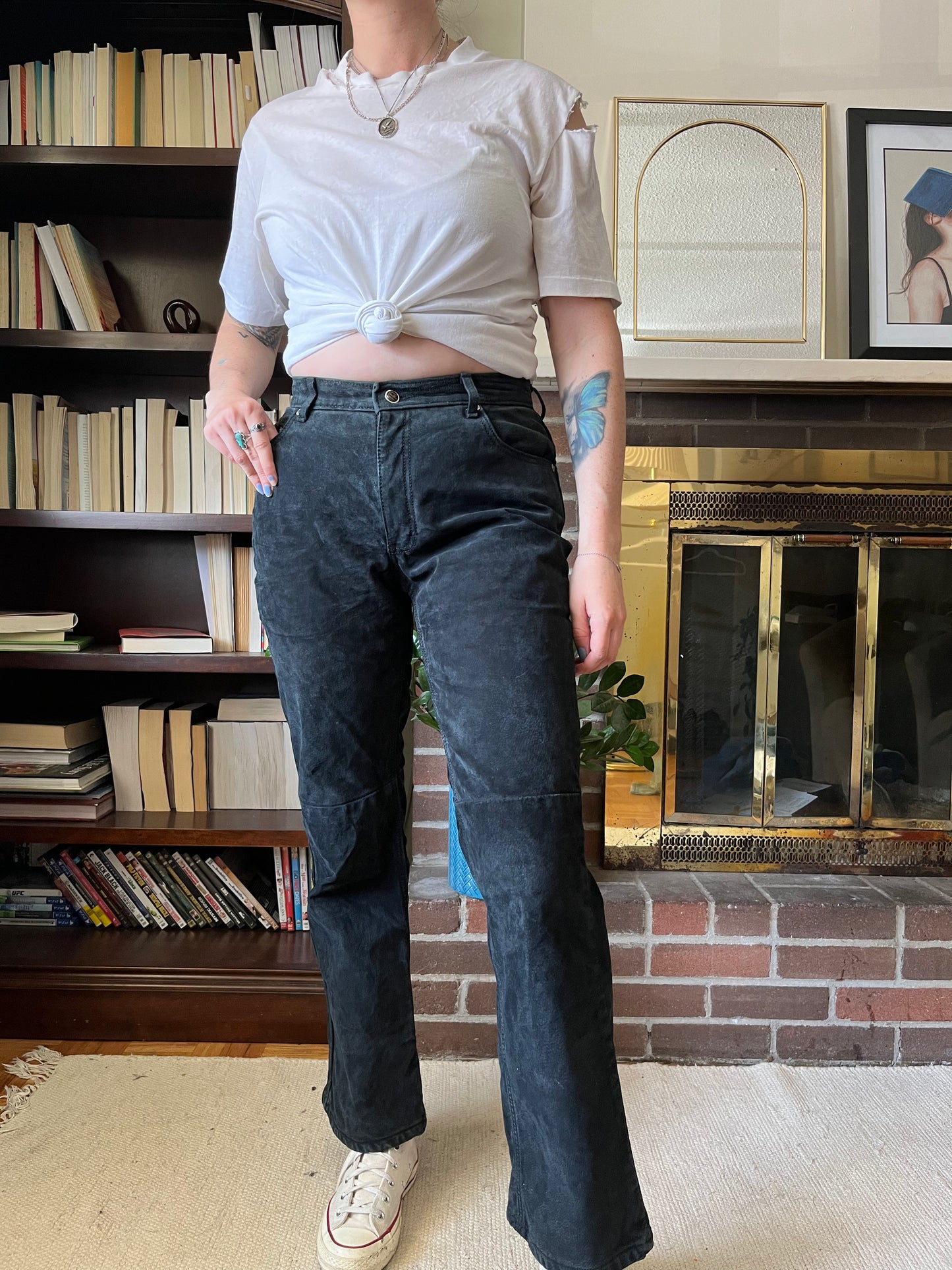 90’s Vintage Black Suede Kick Flare Pants / 30 Waist