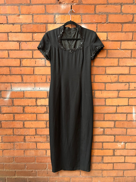 90’s Vintage Black Beaded Short Sleeve High Slit Dress / Size 8-10