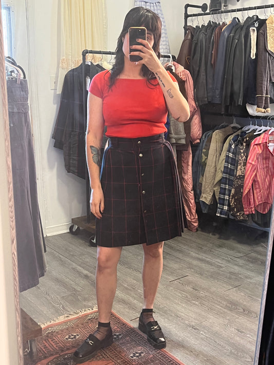 90’s Vintage Navy & Red Plaid Pleated Midi Skirt / 27 Waist
