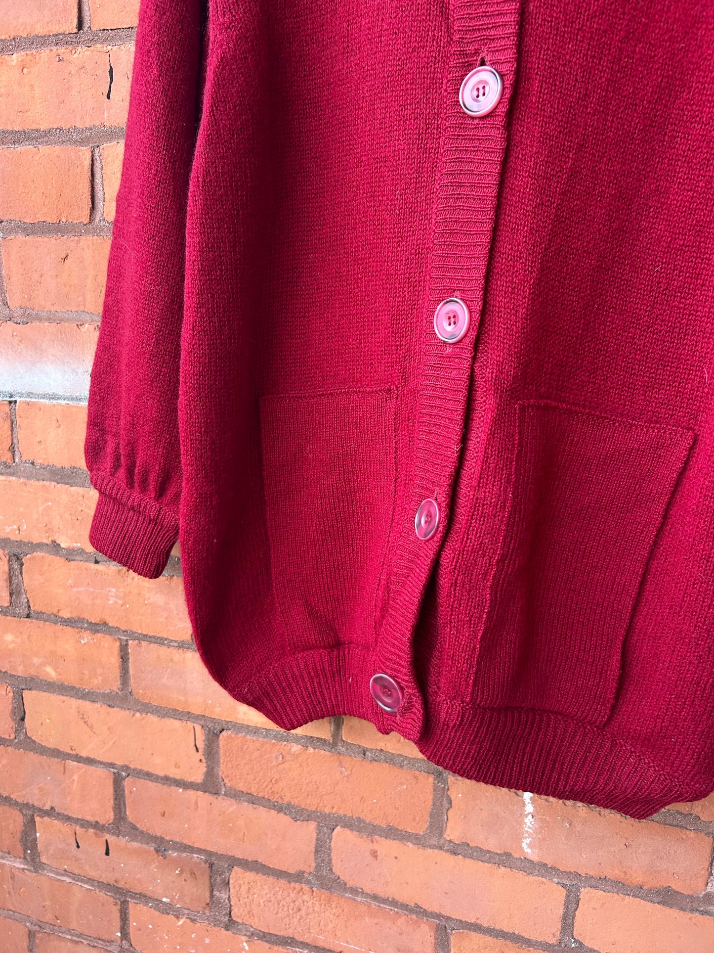 90’s Vintage Deep Red Shetland Wool Cardigan / Size XL