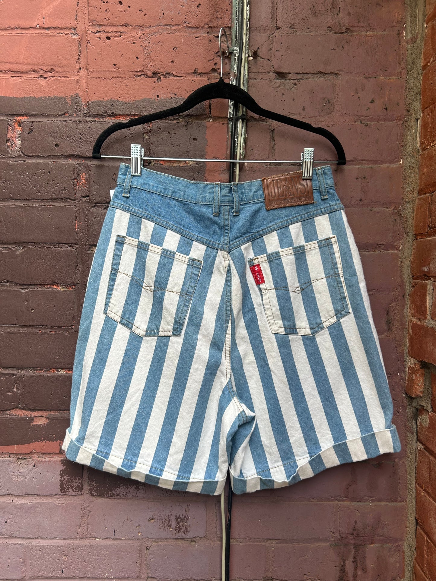90's Vintage Blue & White Striped Cotton High Waist Shorts / 30 Waist