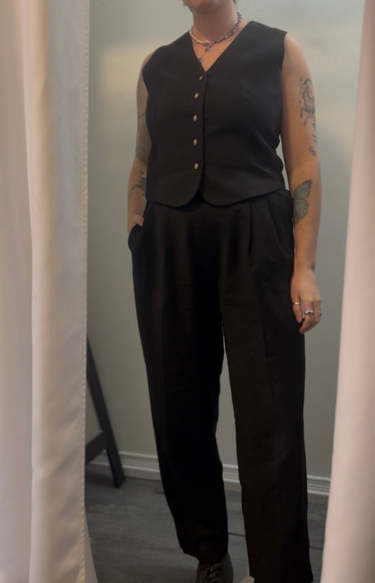90’s Vintage Black Wool Wide Leg Trousers / 30 Waist