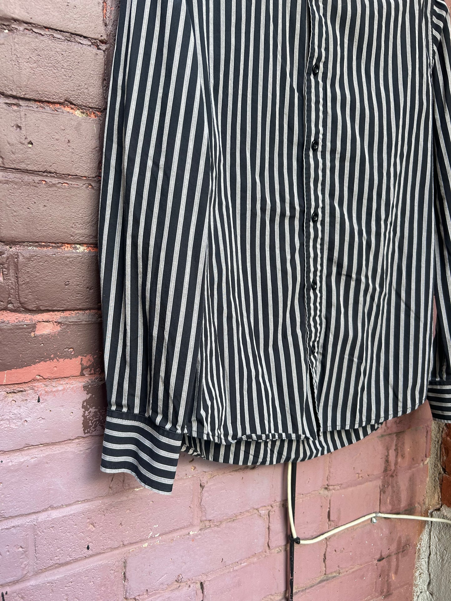 90's Vintage Grey & Black Striped Cotton Button Down Shirt / Size S