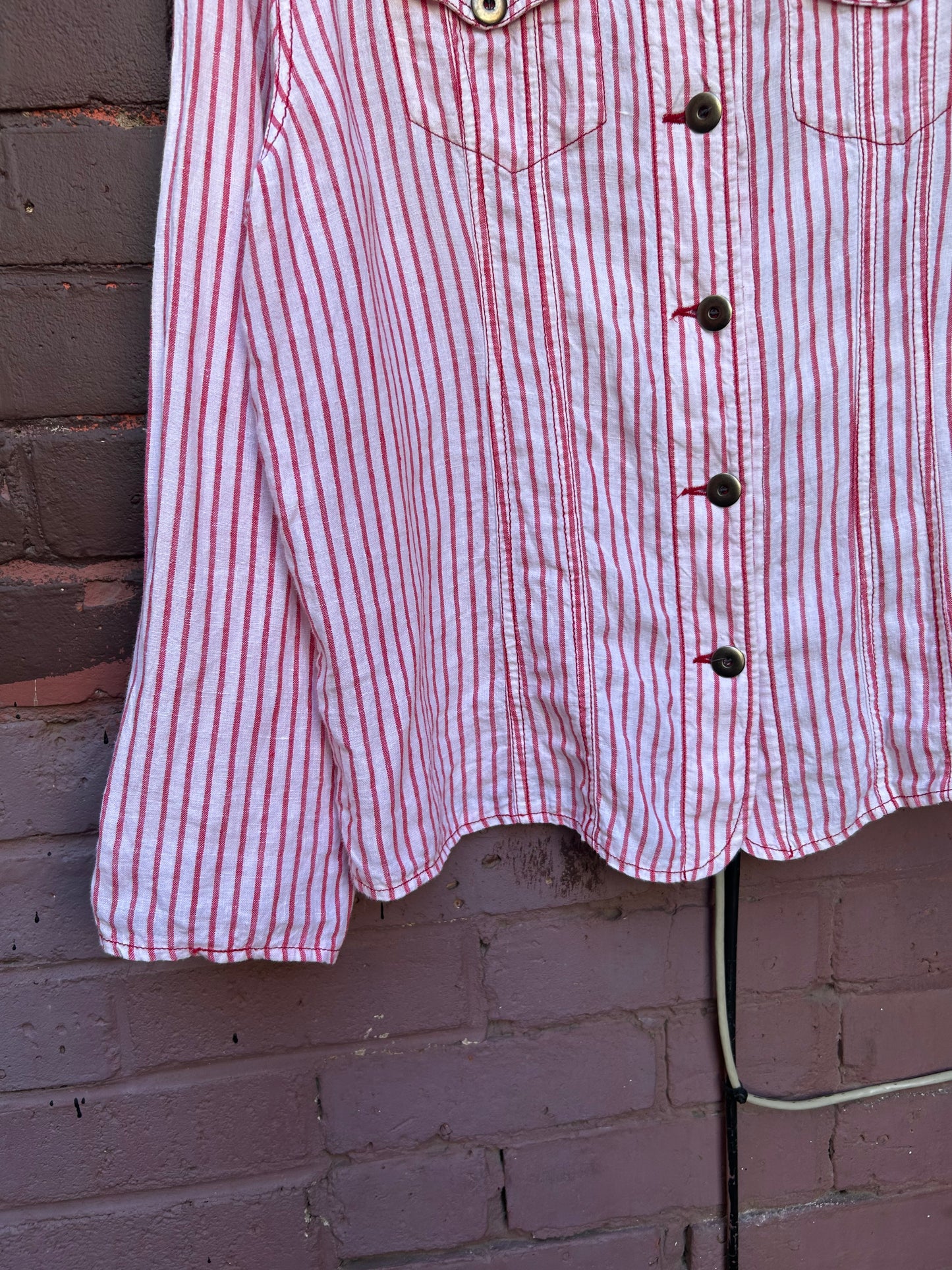 90’s Vintage White & Red Striped Linen Trucker Shirt / Size XL