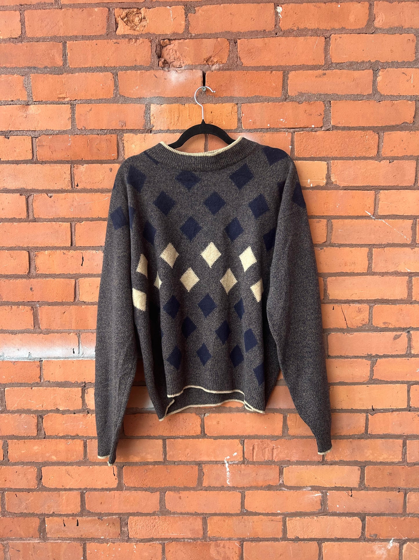 90’s Vintage Grey & Navy Lambswool Mockneck Sweater / Size XL