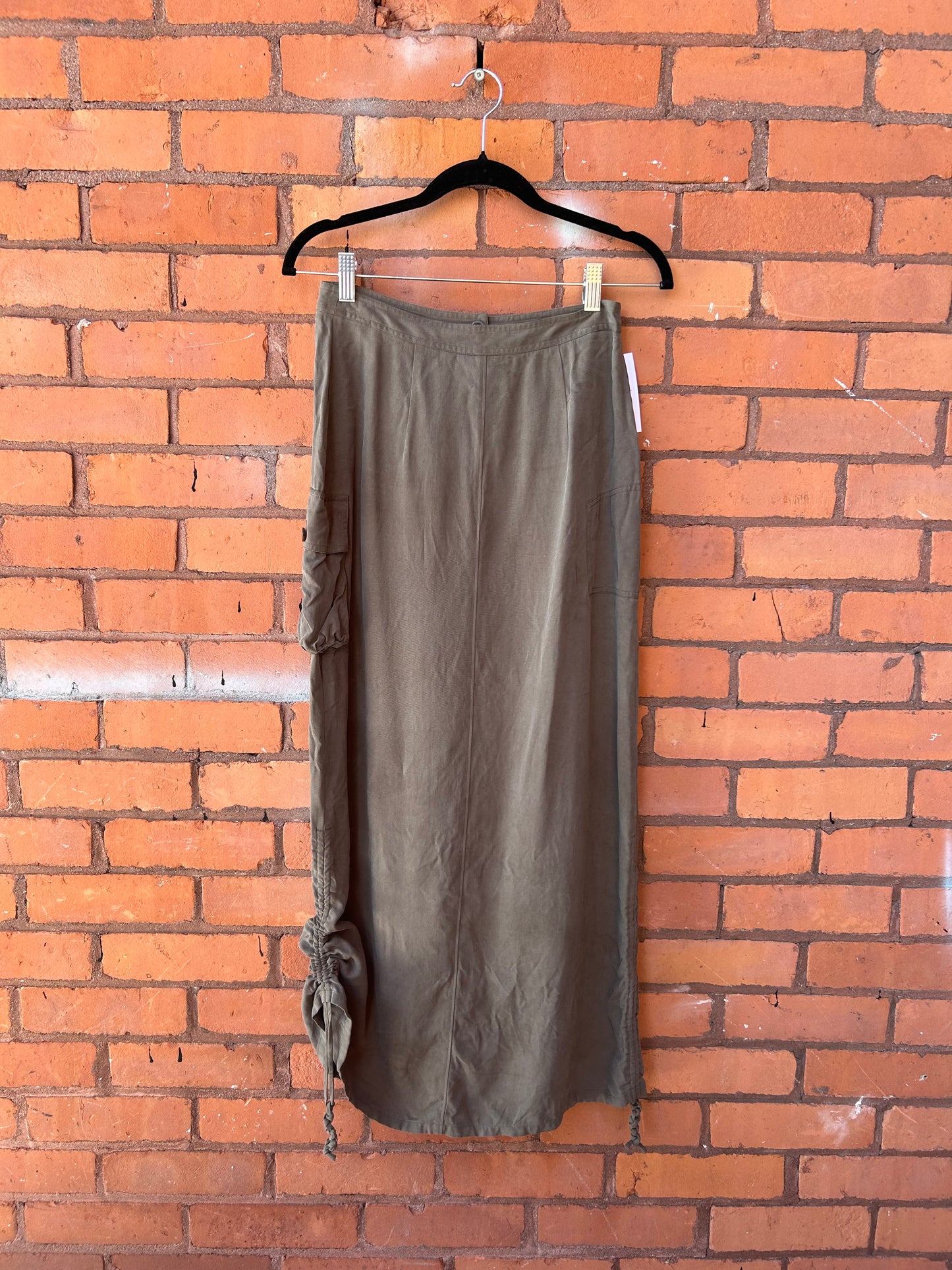 Y2K Vintage Army Green Silk Cargo Maxi Skirt / 26 Waist