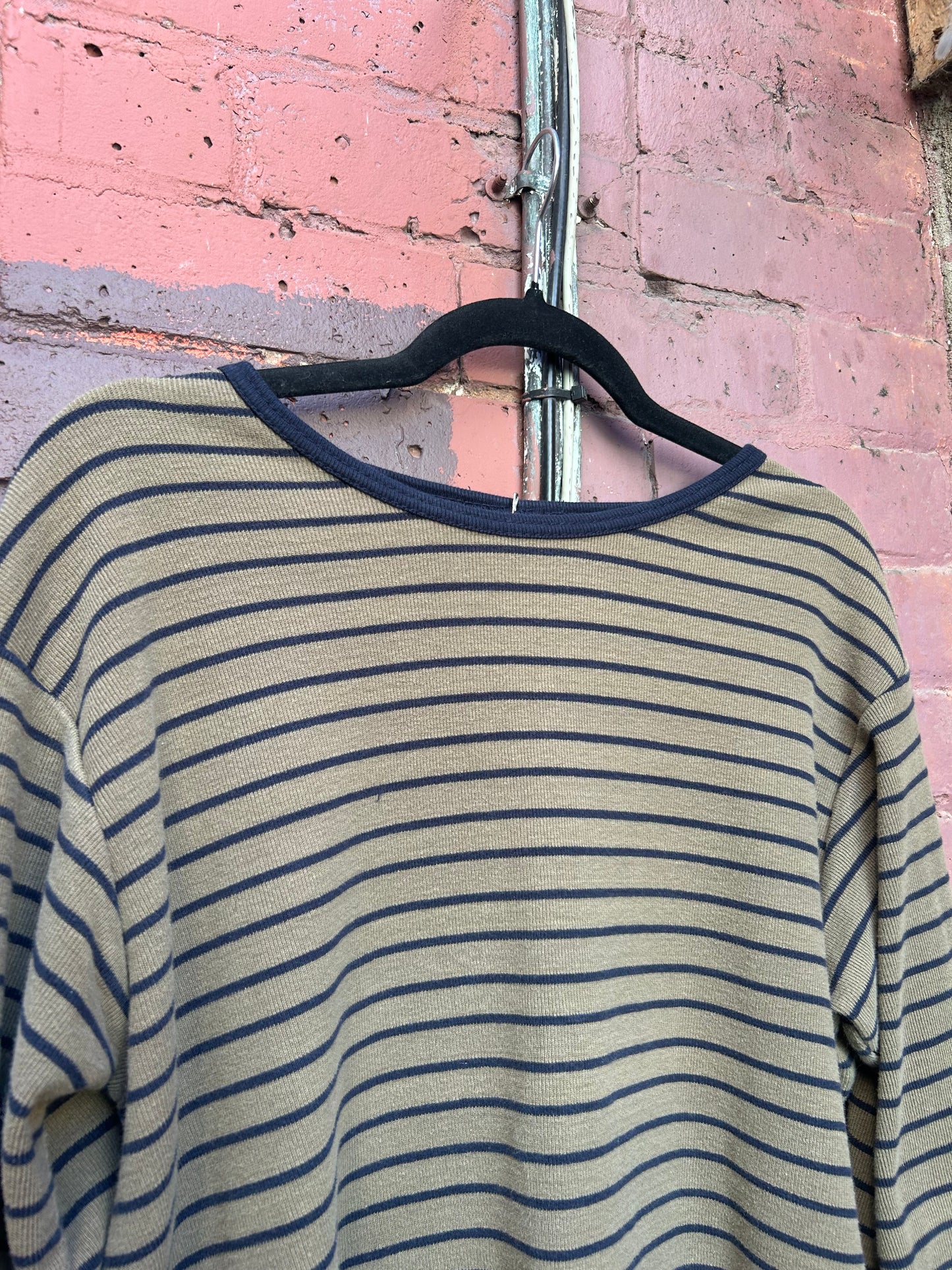 90’s Vintage Olive Green & Navy Striped Cotton Longsleeve / Size M