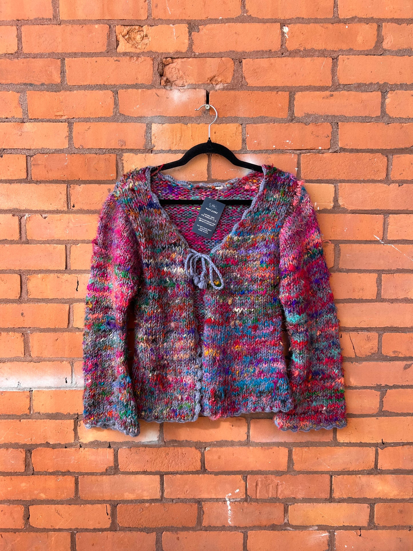 90’s Vintage Thick Rainbow Shaggy Wool Bell Sleeve Tie Cardigan / Size XS-S