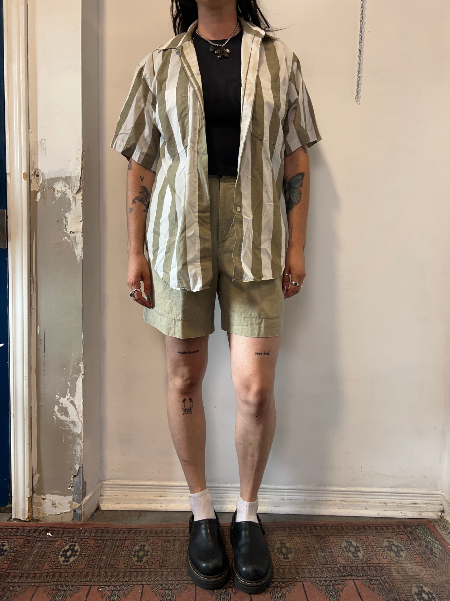 90’s Vintage Bold Olive & White Striped Short Sleeve Button Down / Size L