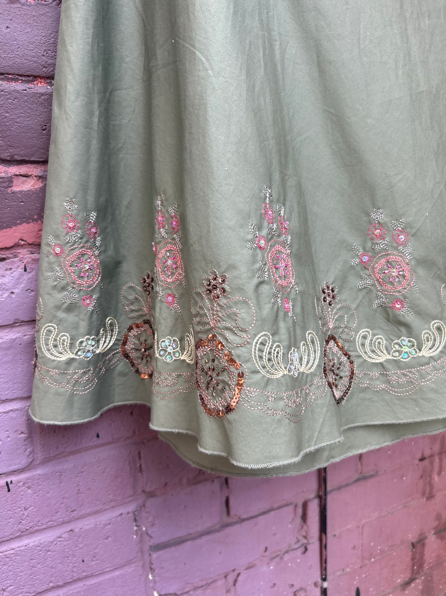 Y2K Vintage Green Cotton Embroidered Midi Skirt / 42 Waist