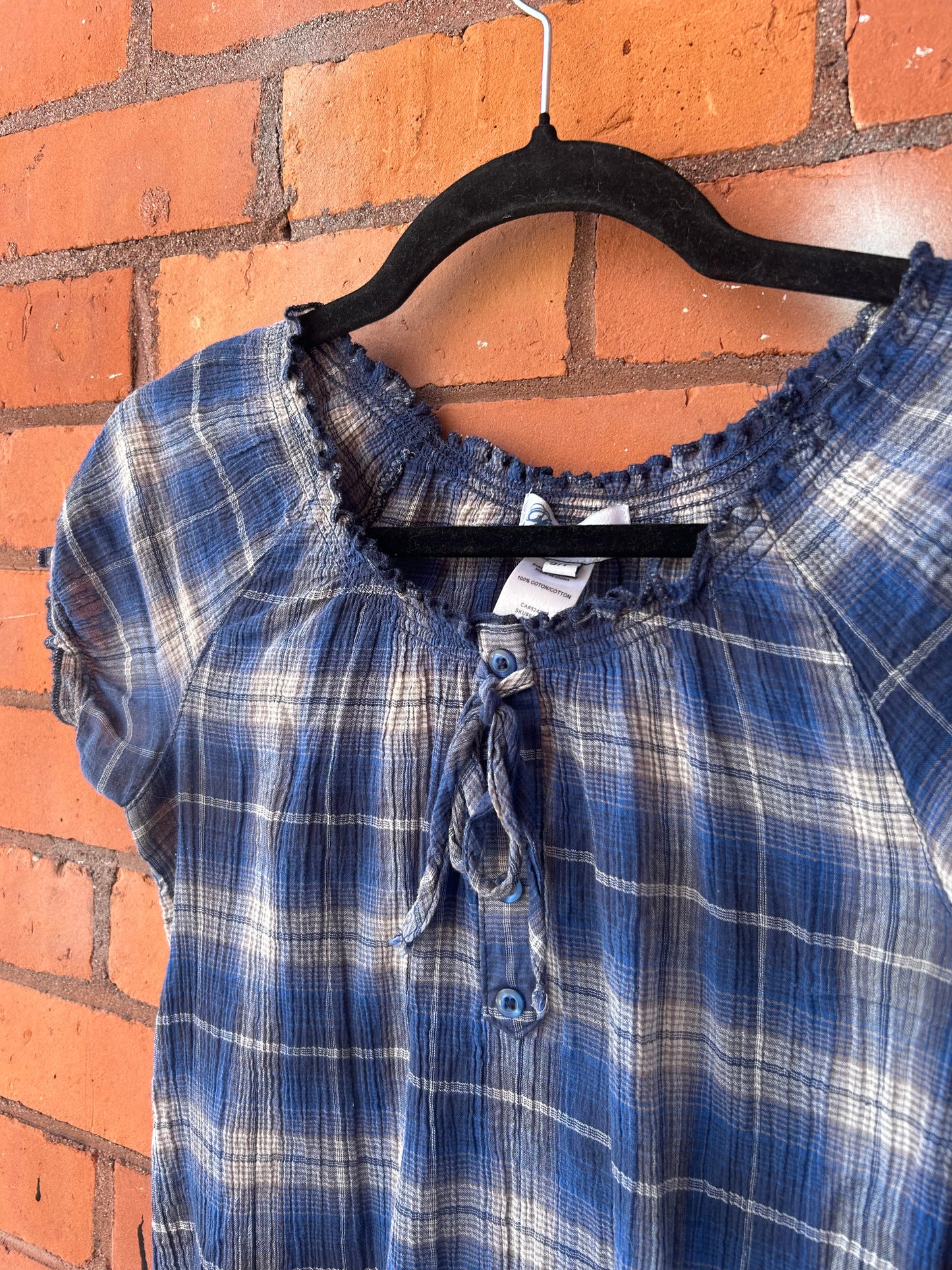 Y2K Vintage Blue Plaid Cotton Milkmaid Top / Size S