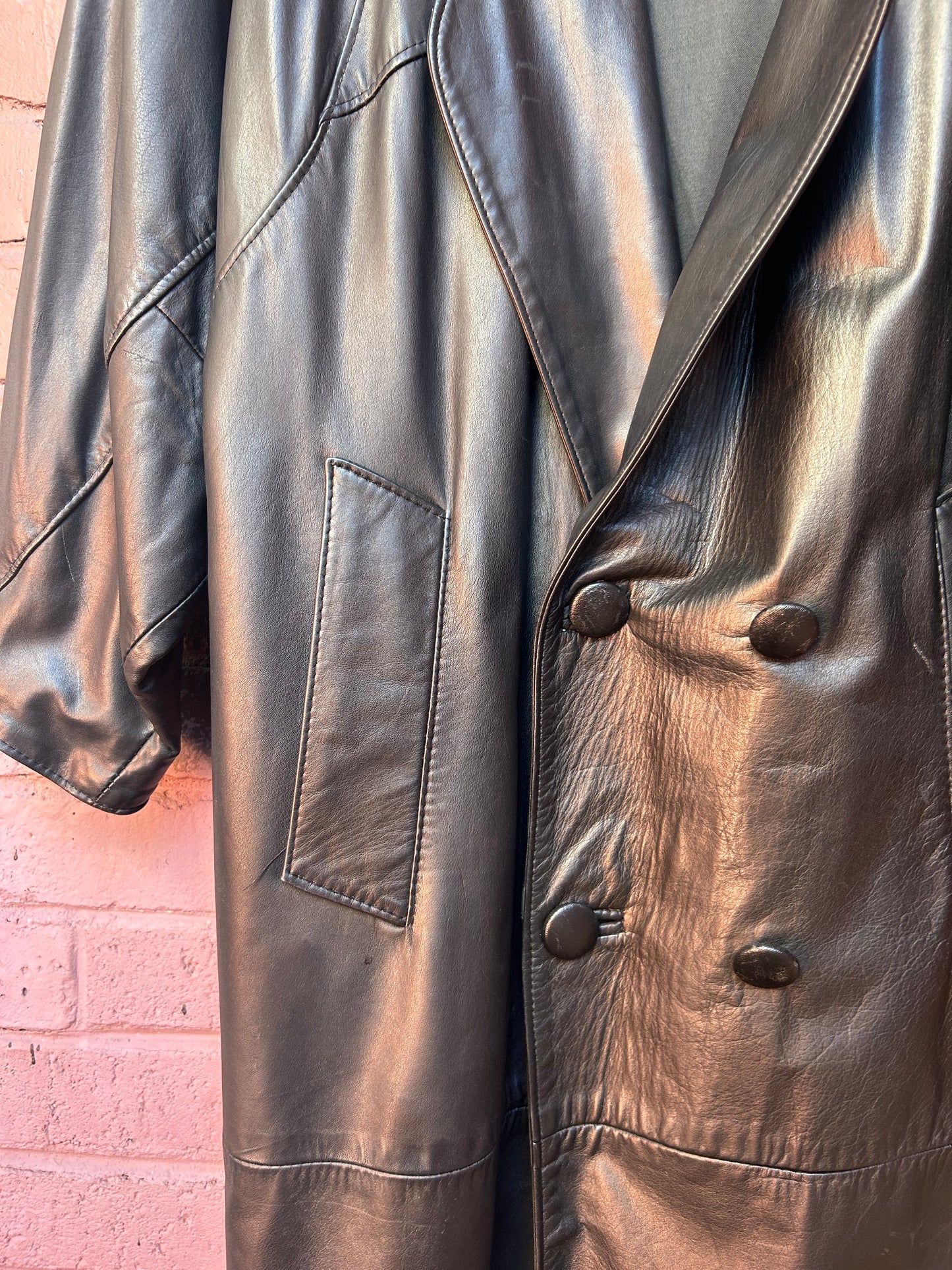 90's Vintage Black Leather Double Breasted Coat / Size S