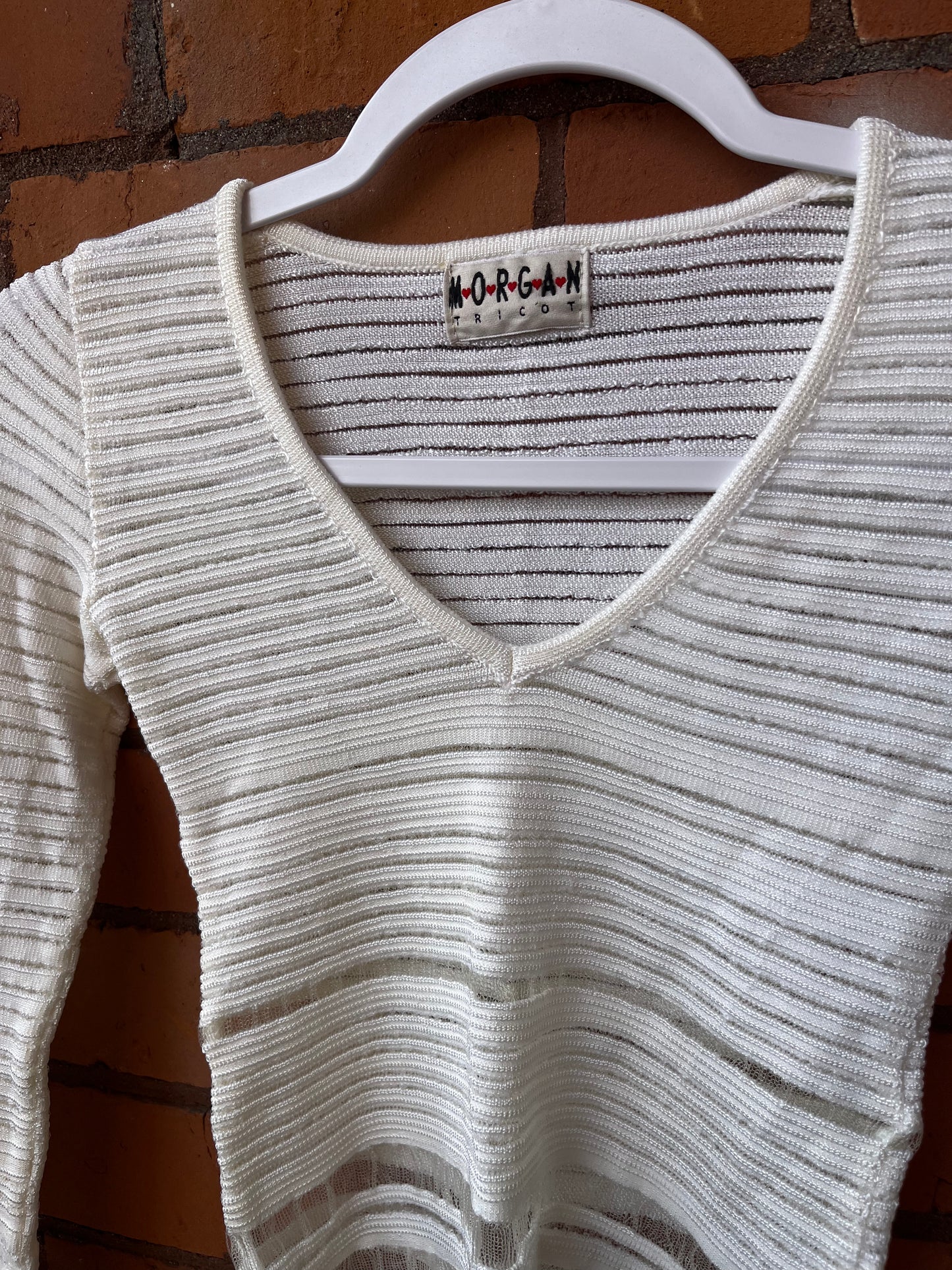 90’s Vintage Morgan De Toi White Sheer Striped Longsleeve Top / Size XS
