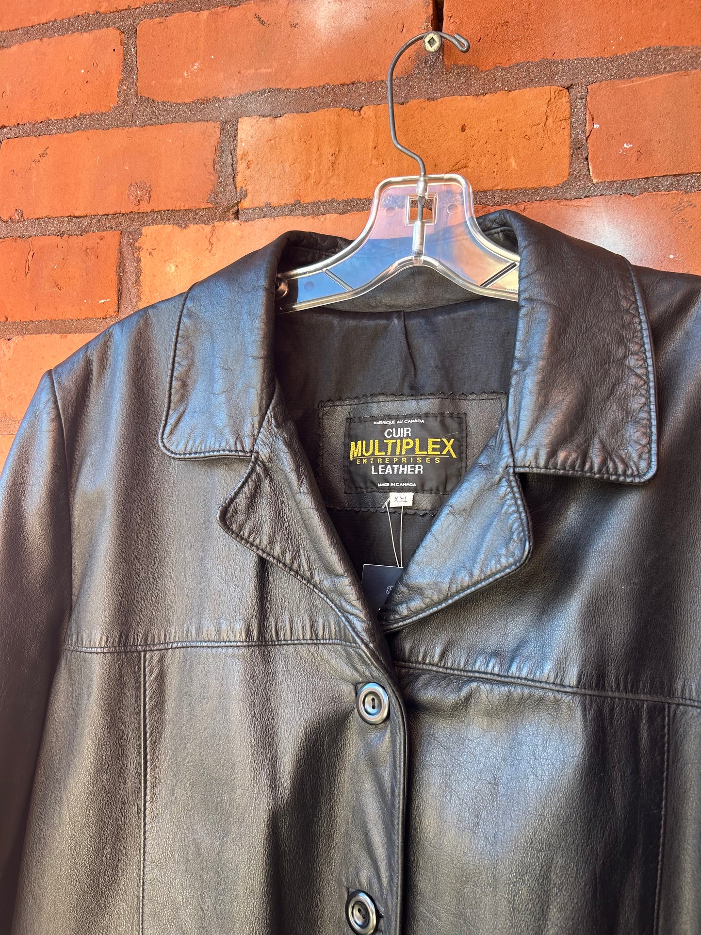 90’s Vintage Black Leather Classic Button Down Jacket / Size XXL