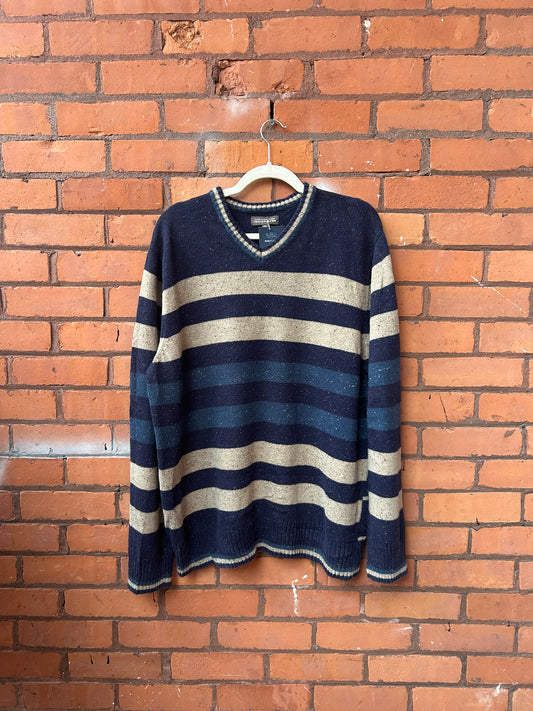 Y2K Vintage Blue Striped V-neck Sweater / Size XXL