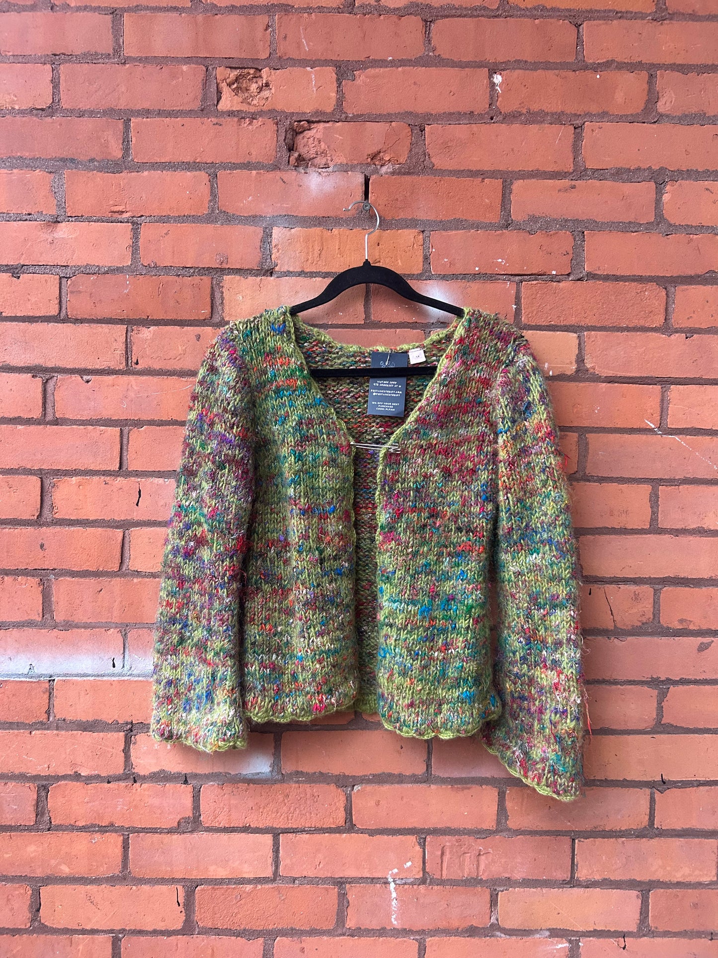 90’s Vintage Green & Rainbow Chunky Wool Cardigan / Size M