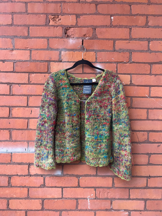 90’s Vintage Green & Rainbow Chunky Wool Cardigan / Size M