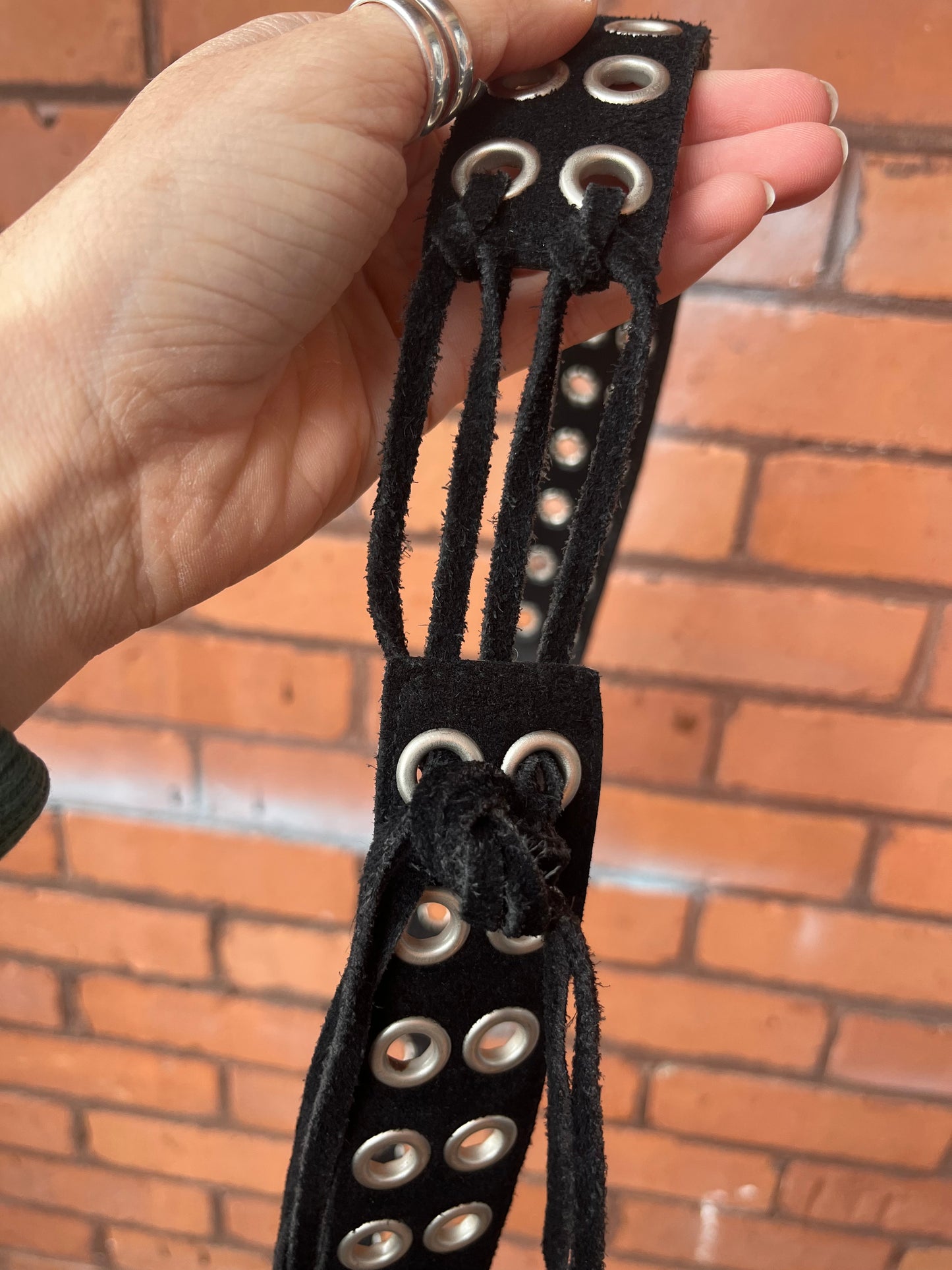 90’s Vintage Black Suede Tie Up Grommet Belt / 32 - 34 Waist
