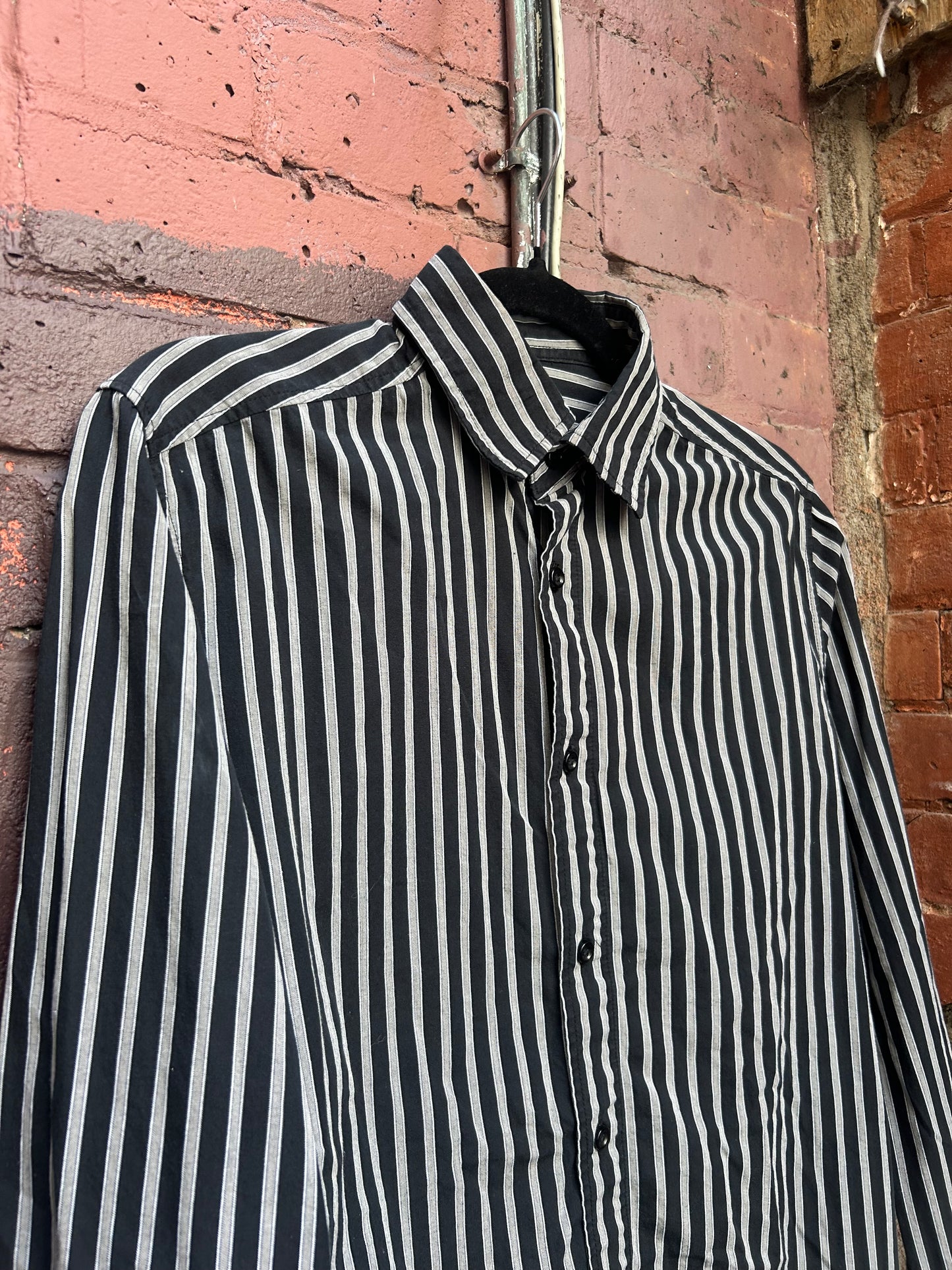 90's Vintage Grey & Black Striped Cotton Button Down Shirt / Size S