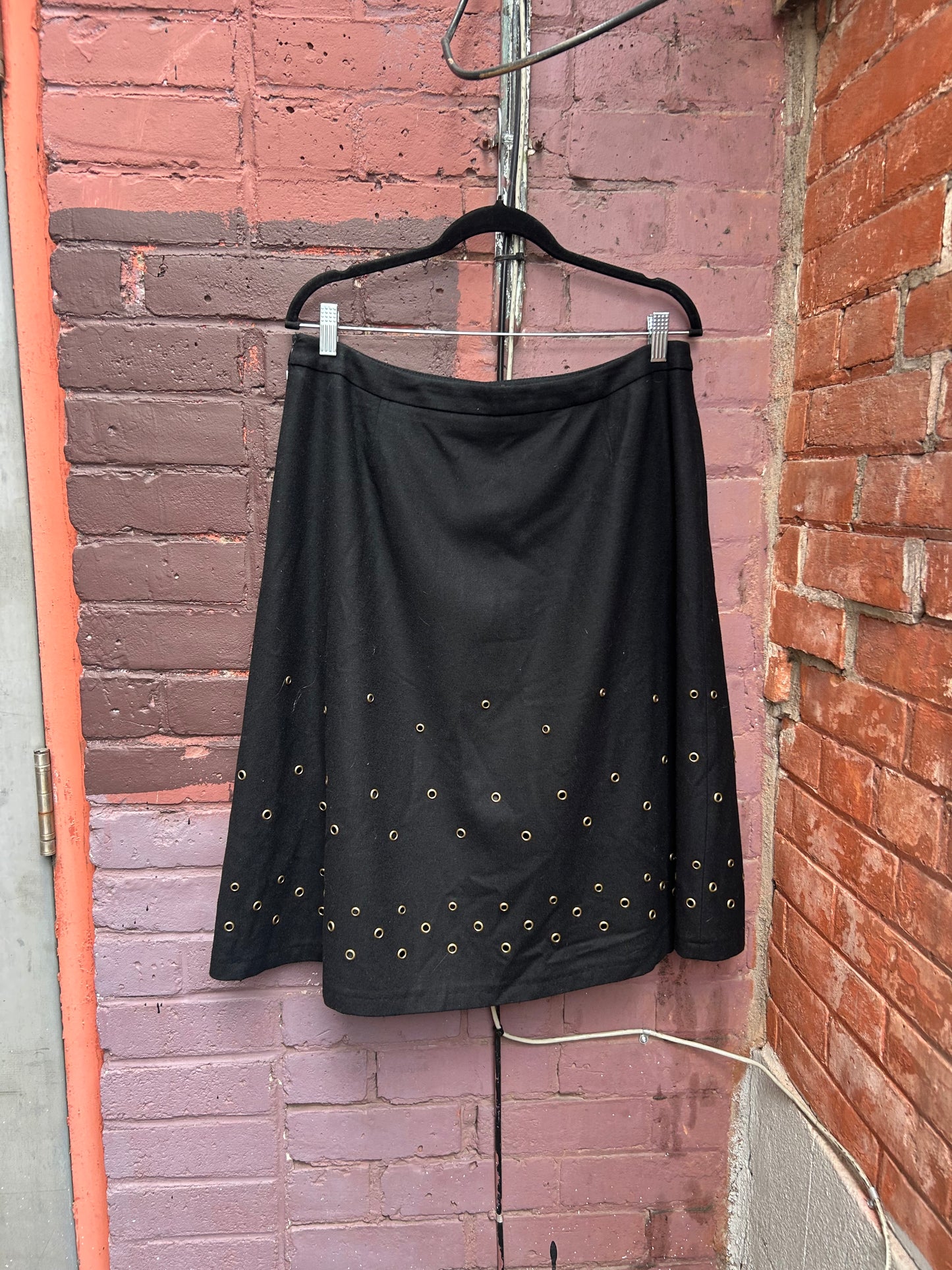 Y2K Vintage Black Wool Blend Grommet Midi Skirt / 34 Waist