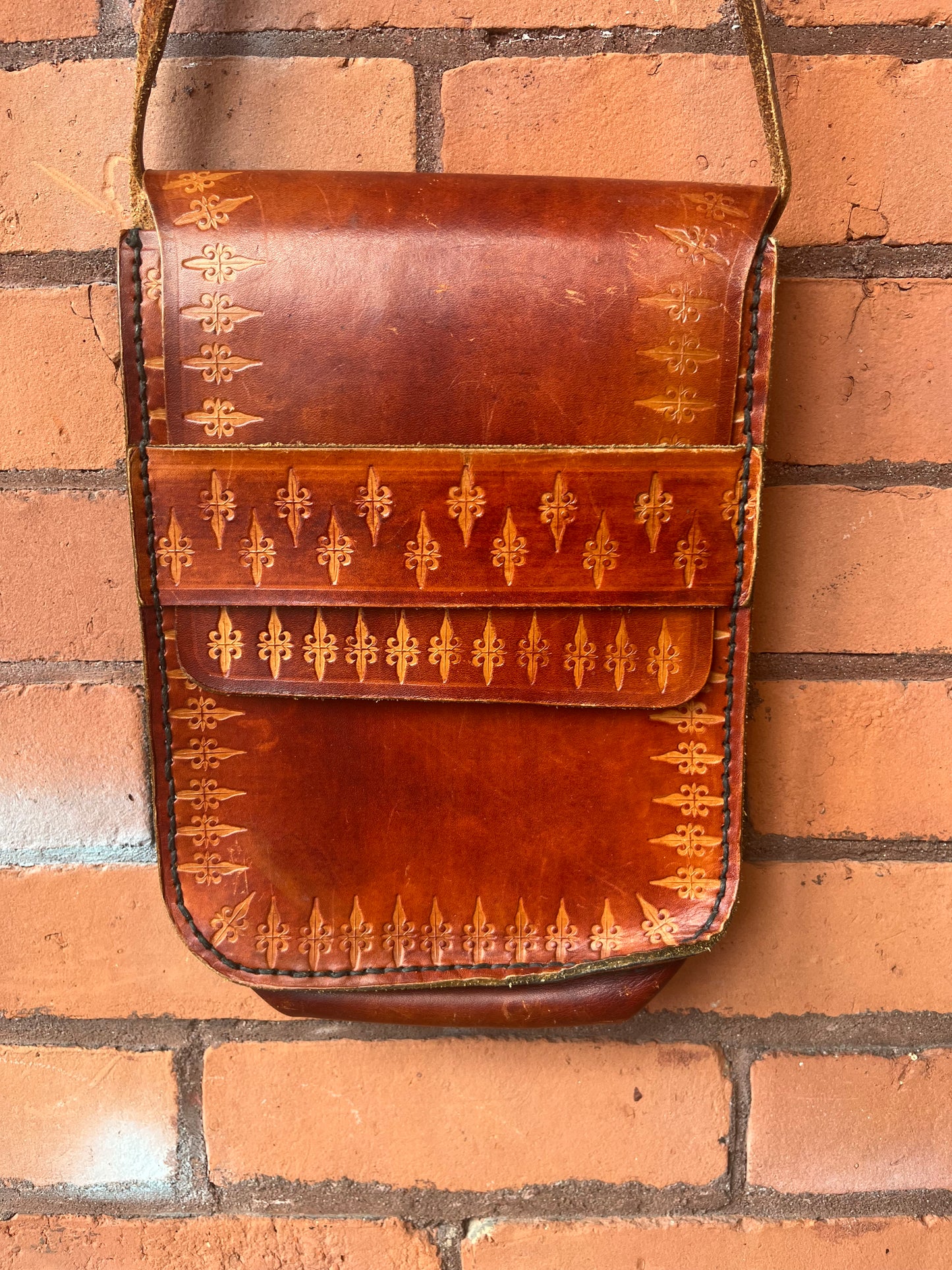 70’s Vintage Tooled Brown Leather Satchel Purse