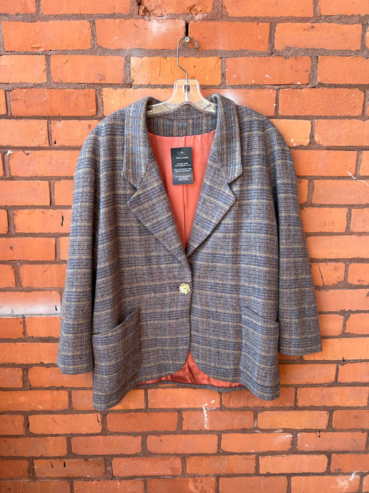 80’s Vintage Plaid Wool One Button Blazer Jacket / Size L