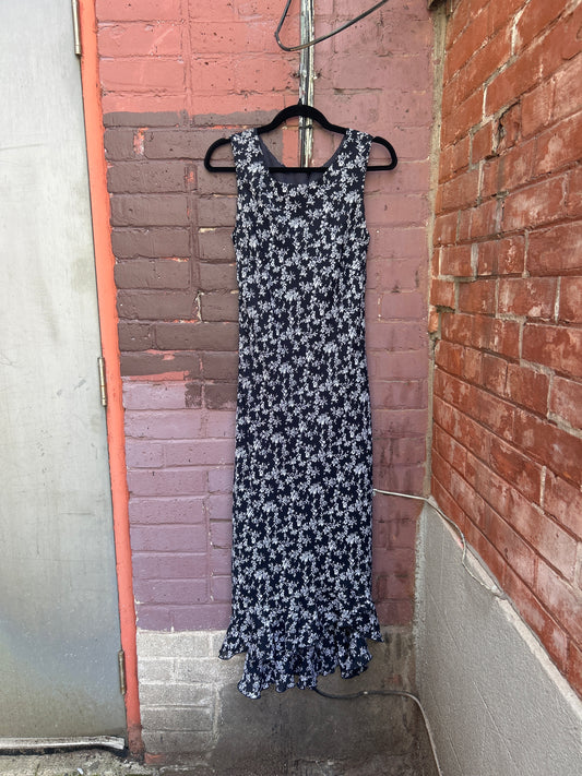 90's Vintage Navy & White Floral High Neck Maxi Dress / Size 12