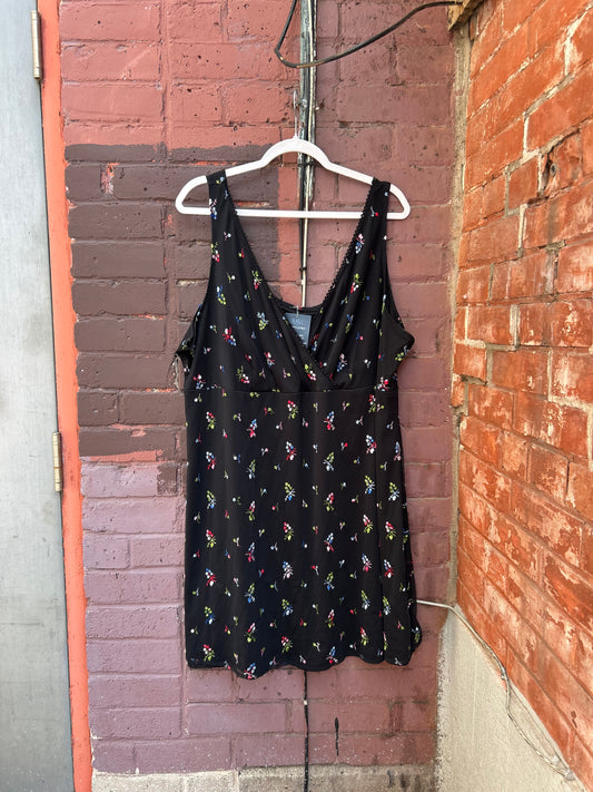 90's Vintage Black Floral Embroidered Babydoll Dress / Size 4X