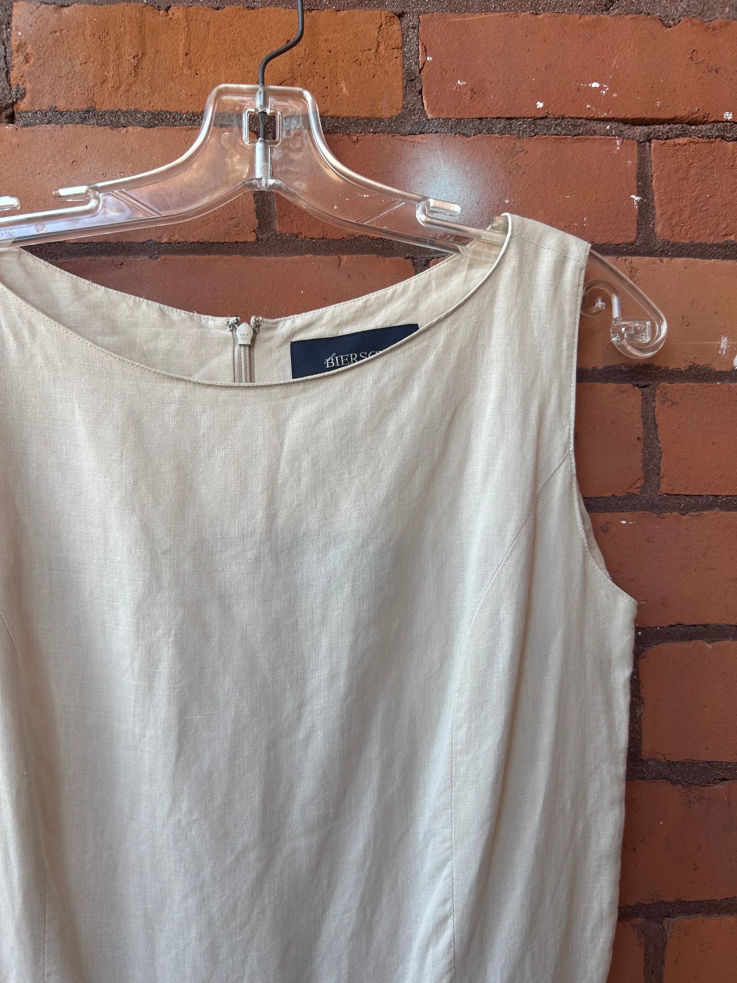 90’s Vintage Beige Linen High Neck A-Line Midi Dress / Size 8-10