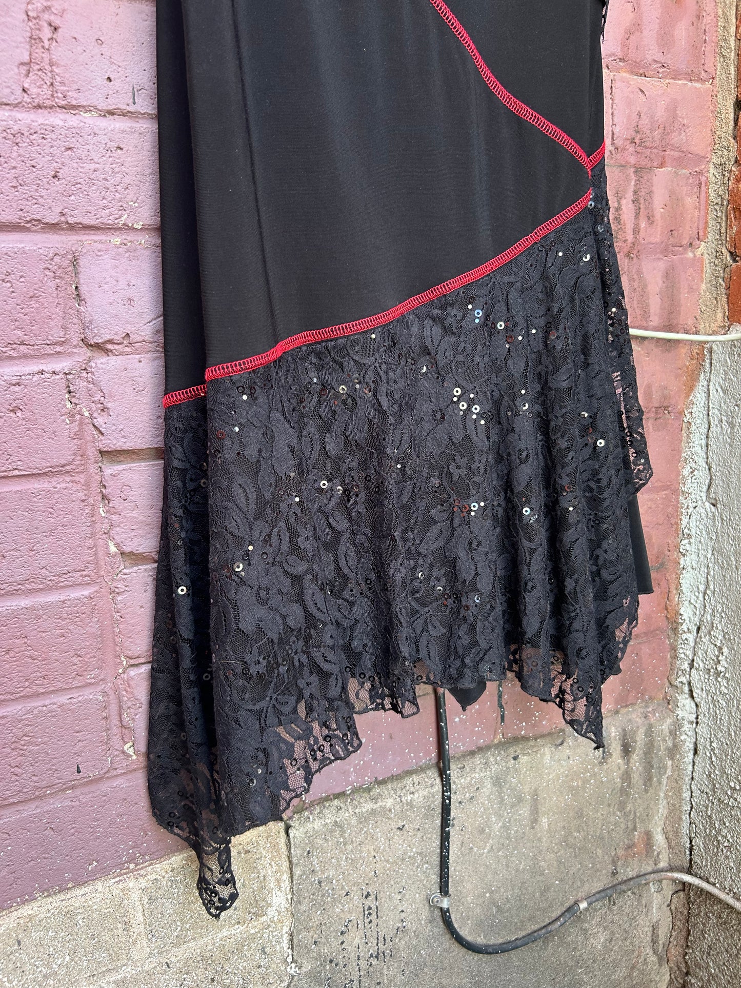 90's Vintage Black Lace & Red Stitch Midi Dress / Size XXL