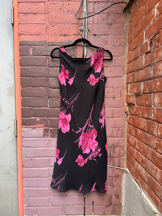 90's Vintage Pink & Black Floral Midi Dress / Size 12