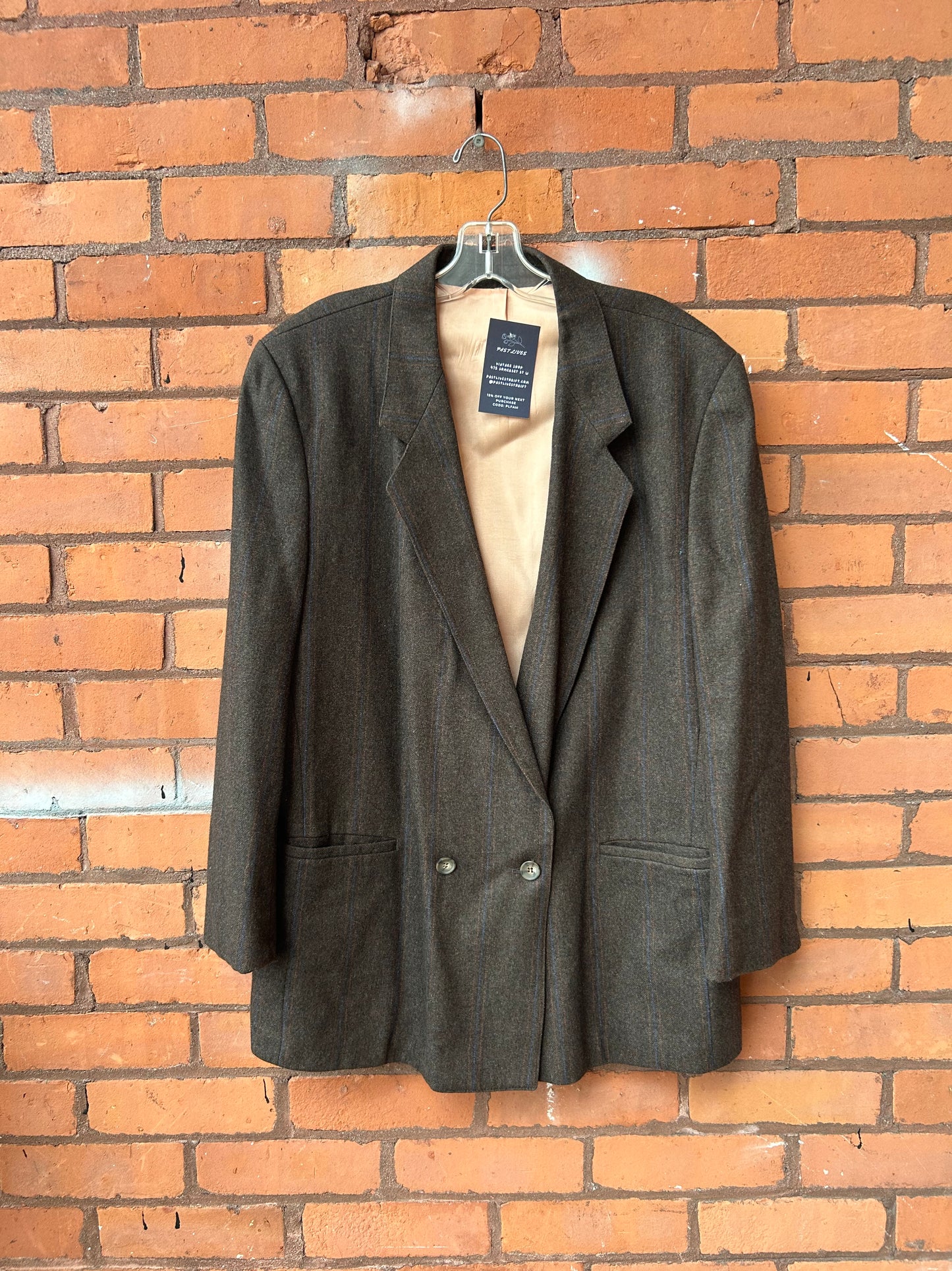 90’s Vintage Brown & Blue Stripe Wool Double Breasted Blazer / Size XL