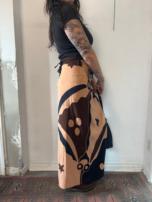 90’s Vintage Pink Brown & Navy Rayon Wrap Maxi Maxi Skirt / 34-44 Waist