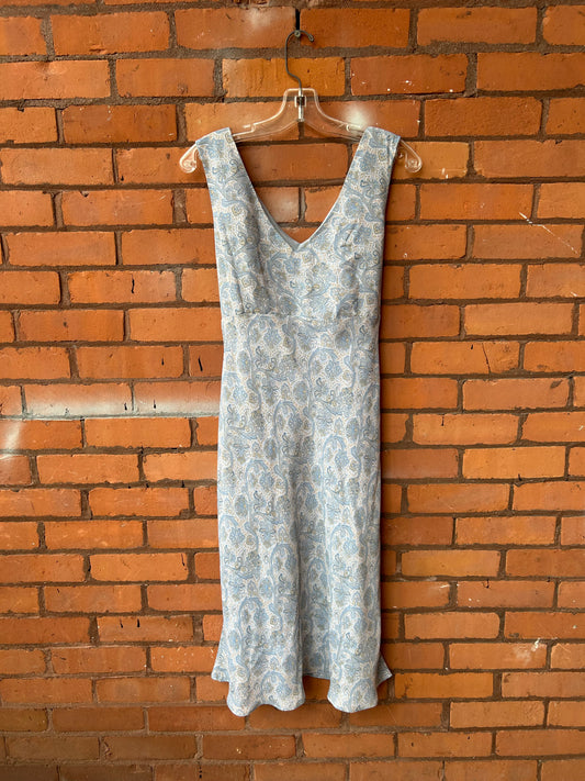 90’s Vintage Blue Paisley Tie Back Midi Dress / Size 12-14