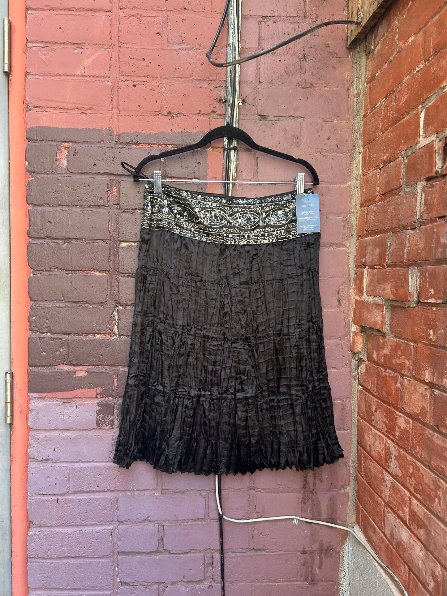 90's Vintage Black Satin & Gold Sequin Midi Skirt / 30 Waist