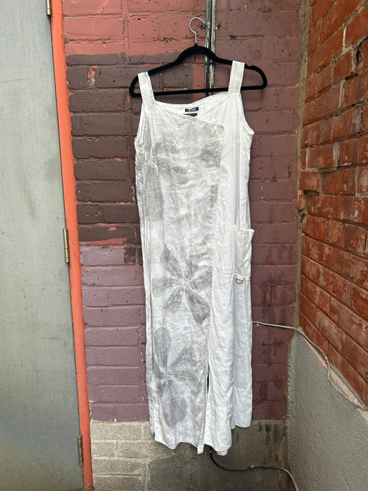 90's Vintage Asymmetrical White & Grey Floral Linen Shift Maxi Dress / Size L