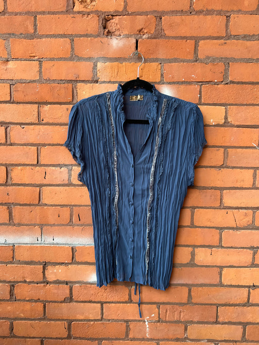 90’s Vintage Sheer Blue Crinkle Button Down Blouse / Size XXL