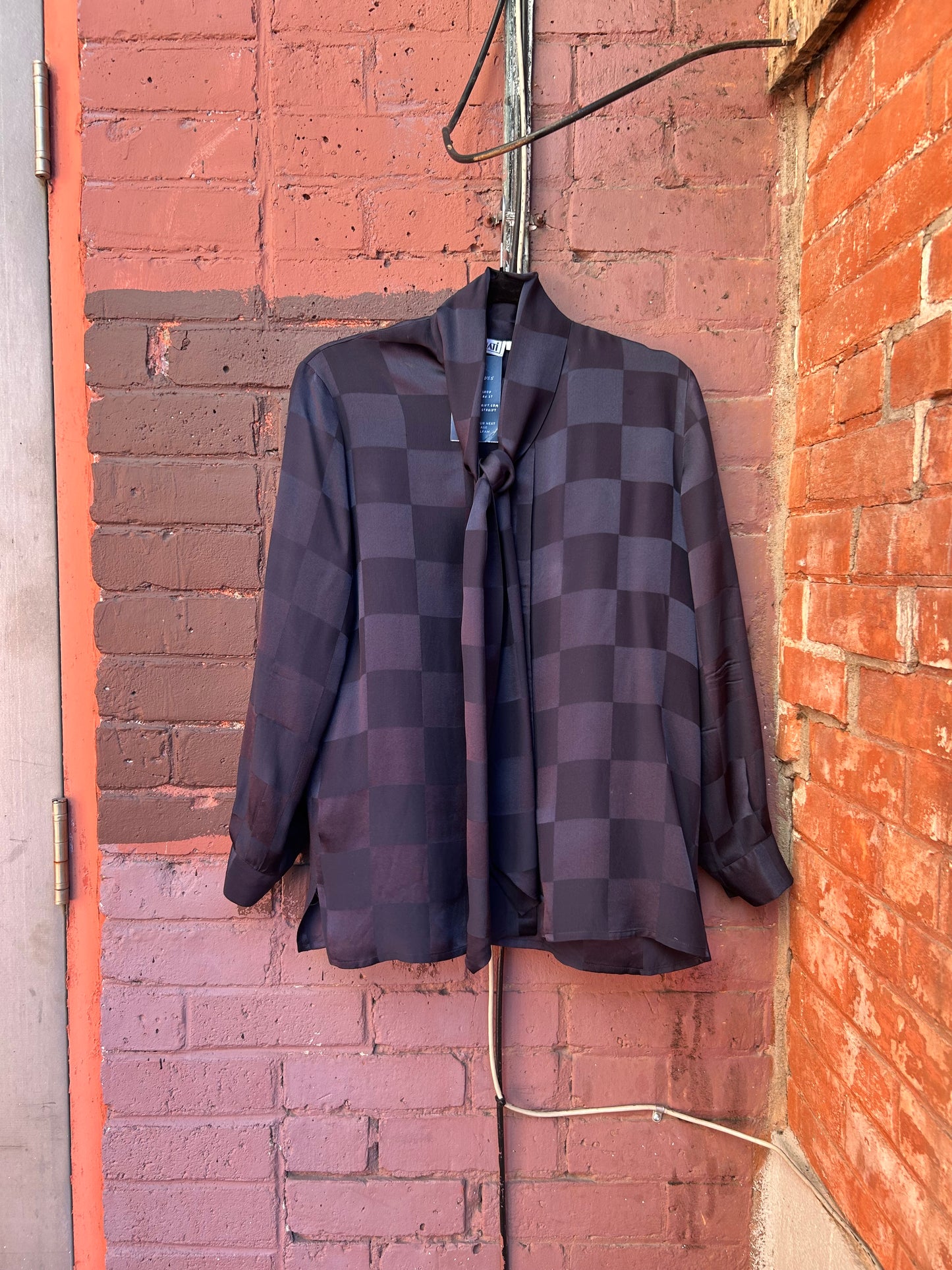 90's Vintage Checkered Navy Silk Tie Neck Blouse / Size M