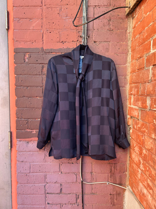 90's Vintage Checkered Navy Silk Tie Neck Blouse / Size M