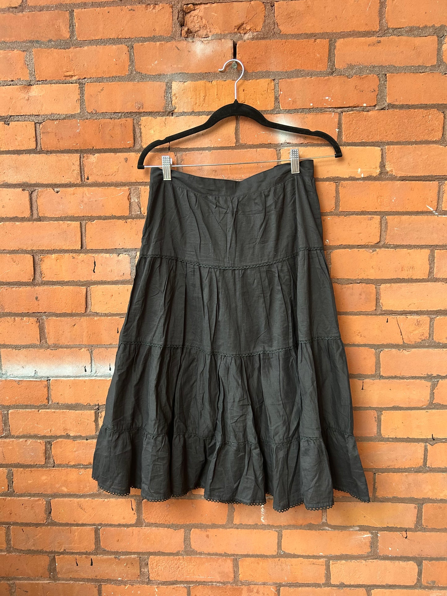 Y2K Vintage Black Cotton Gold Sequin Tiered Midi Skirt / 28 Waist