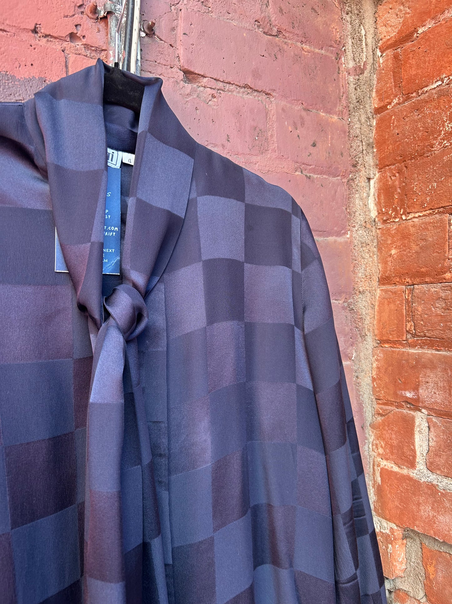90's Vintage Checkered Navy Silk Tie Neck Blouse / Size M