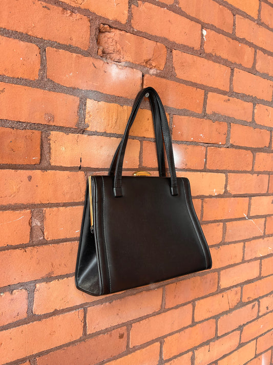 70’s Vintage Black Leather Clamshell Structured Hand Bag