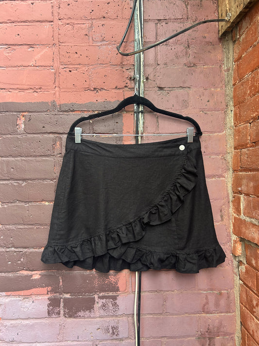 Y2K Vintage Guess Black Linen Blend Ruffle Mini Skirt / 34 Waist