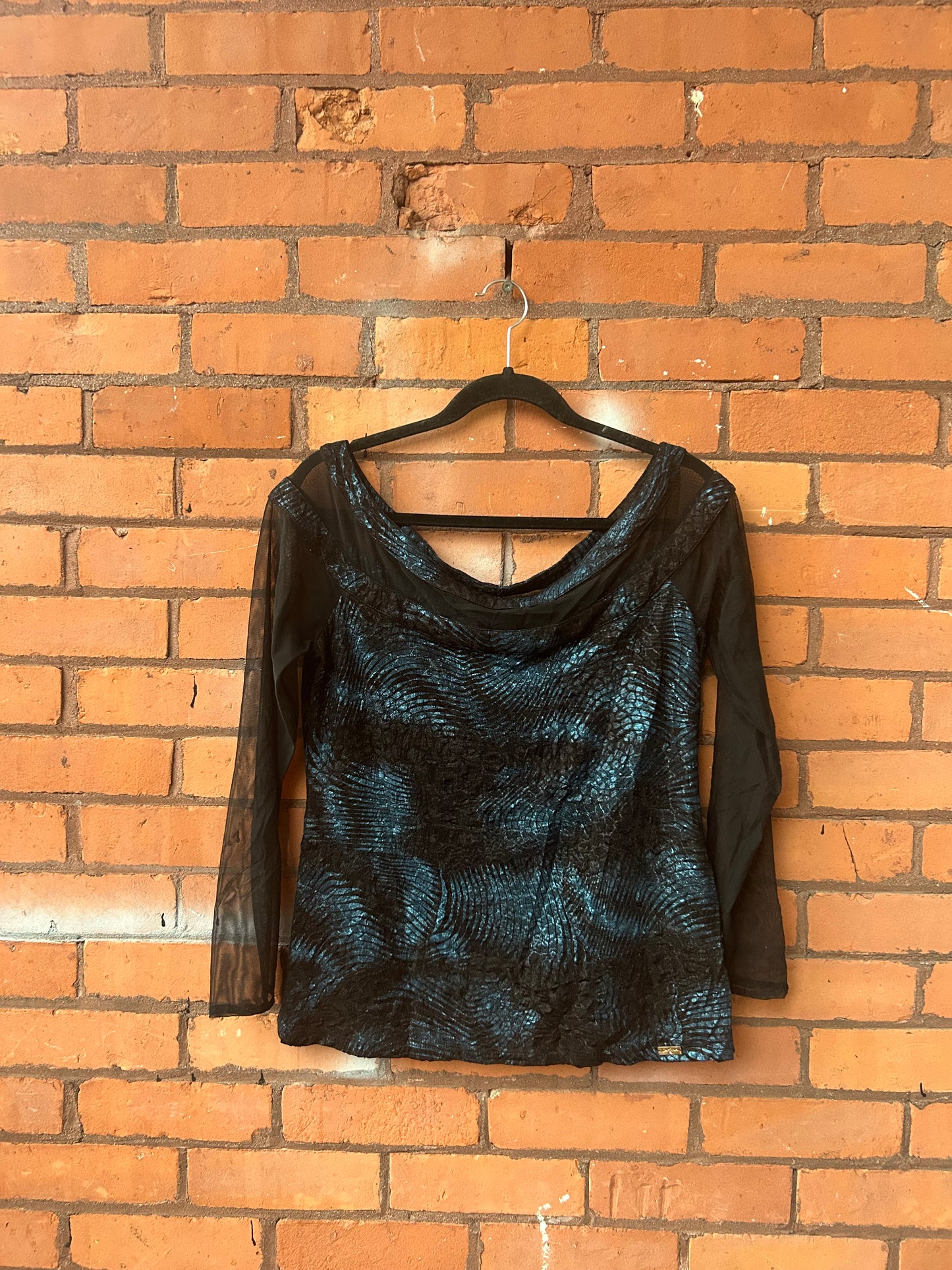 90’s Vintage Blue & Black Mesh Off the Shoulder Top / Size L