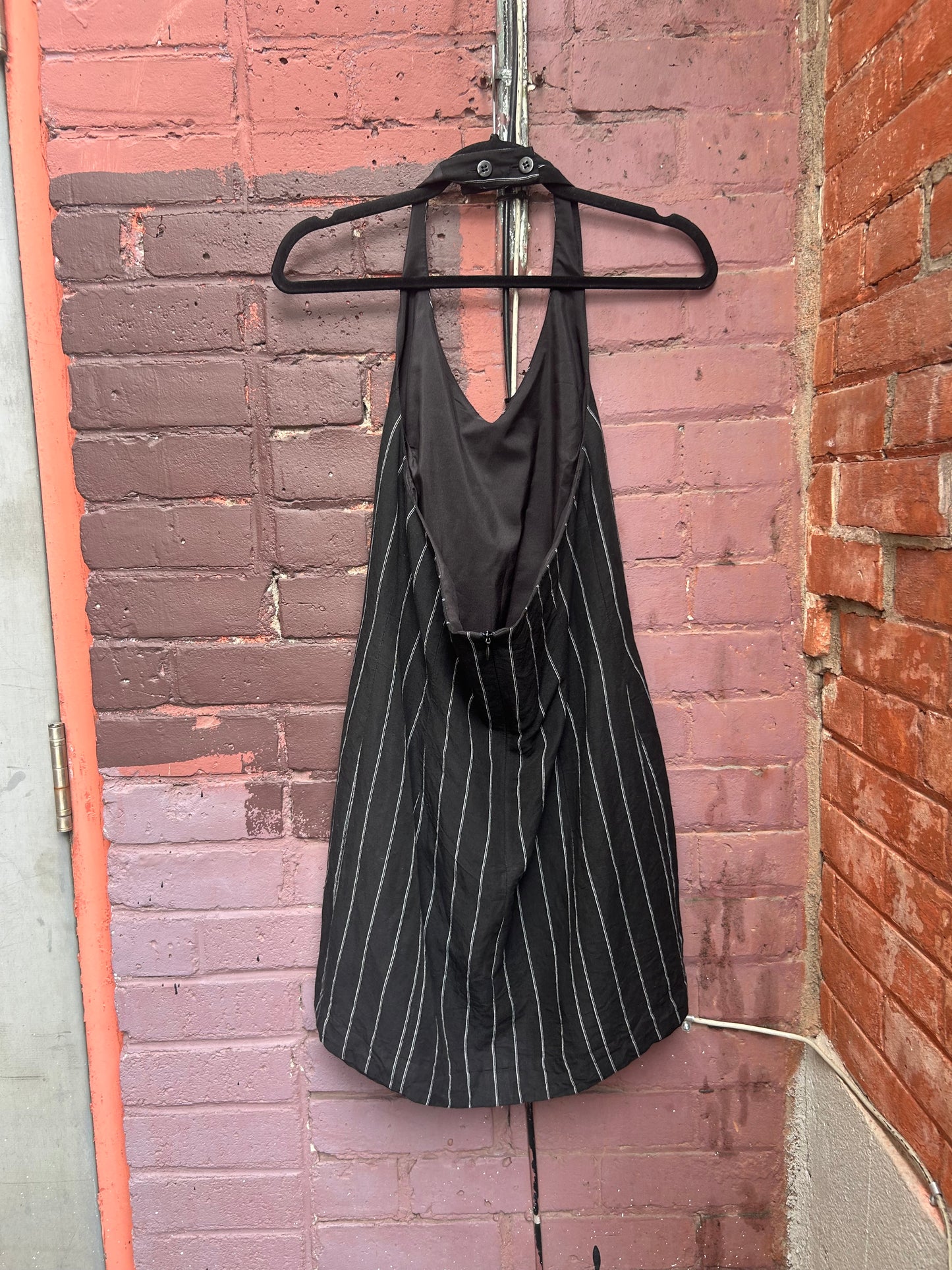 90's Vintage Black & White Pinstripe Linen Blend Halter Dress / Size 8