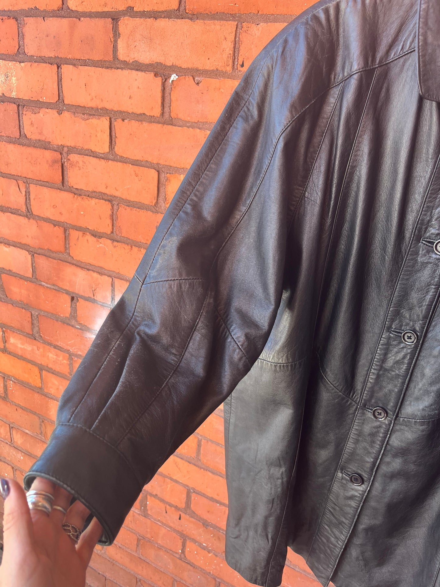 90’s Vintage Black Leather Slouchy Button Down Jacket / Size XL