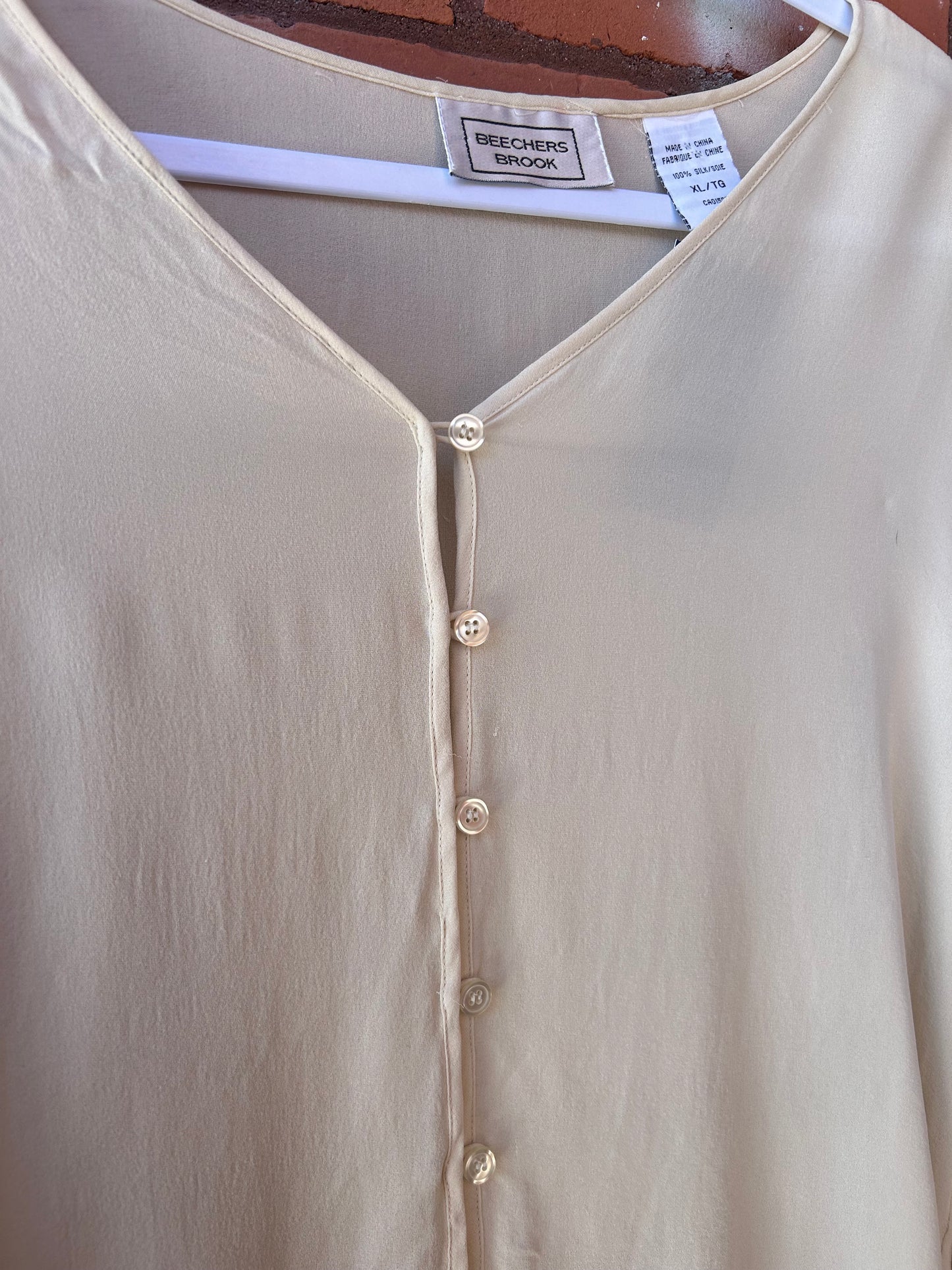 90’s Vintage Sheer Cream Silk Flowy Button Down Blouse / Size L