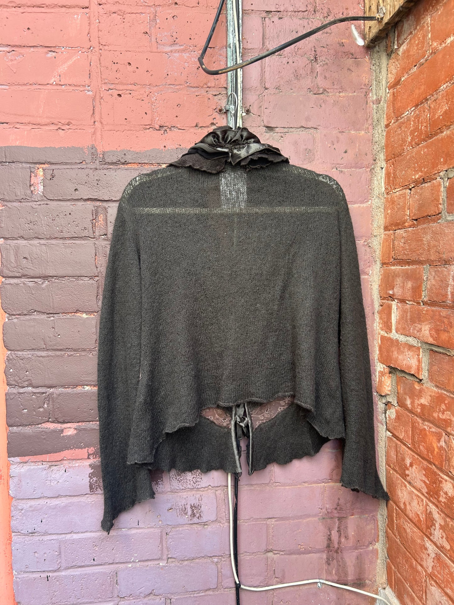 Y2K Vintage Moss Green Mohair Ruffle Tie Cardigan / Size XL